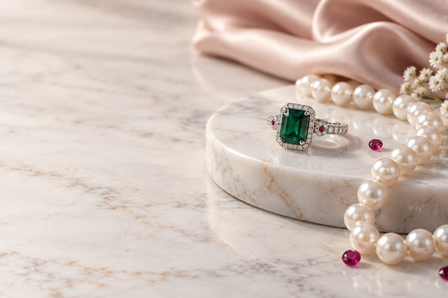 Emerald ring and pearl strand on pale stone